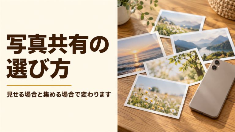 写真共有の手段を表した、机の上のプリント写真とスマートフォン