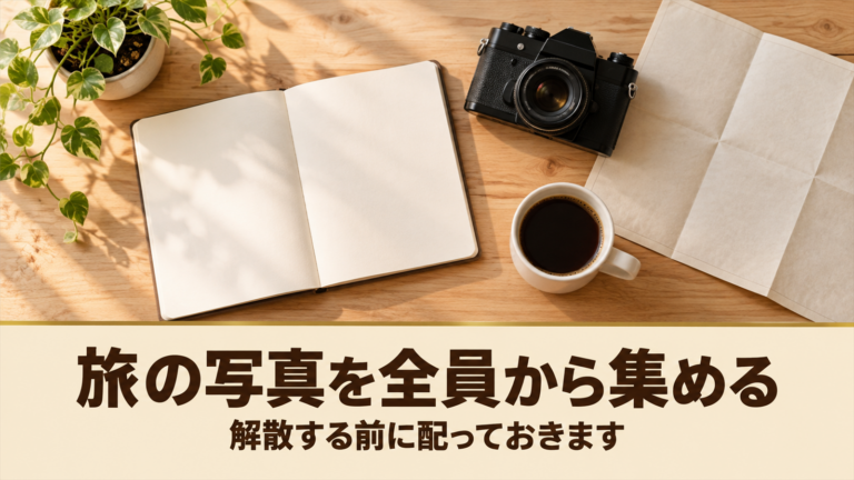 ノートとカメラと地図が並んだ机と、旅の写真を全員から集めるという言葉