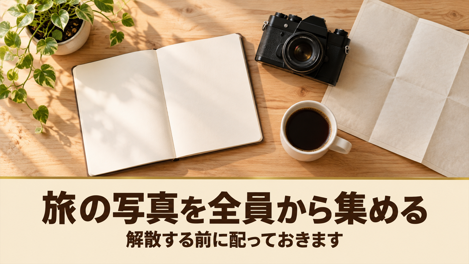ノートとカメラと地図が並んだ机と、旅の写真を全員から集めるという言葉